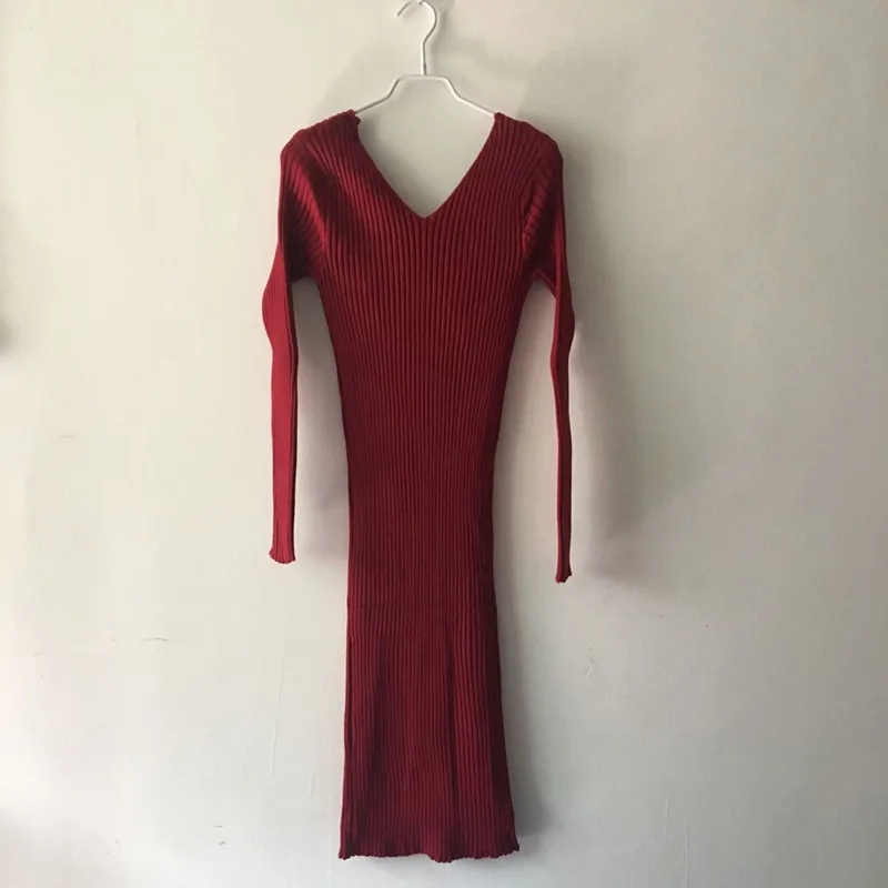 WSYORE Женская Повседневная с длинным рукавом и v-образным вырезом вязаные платья