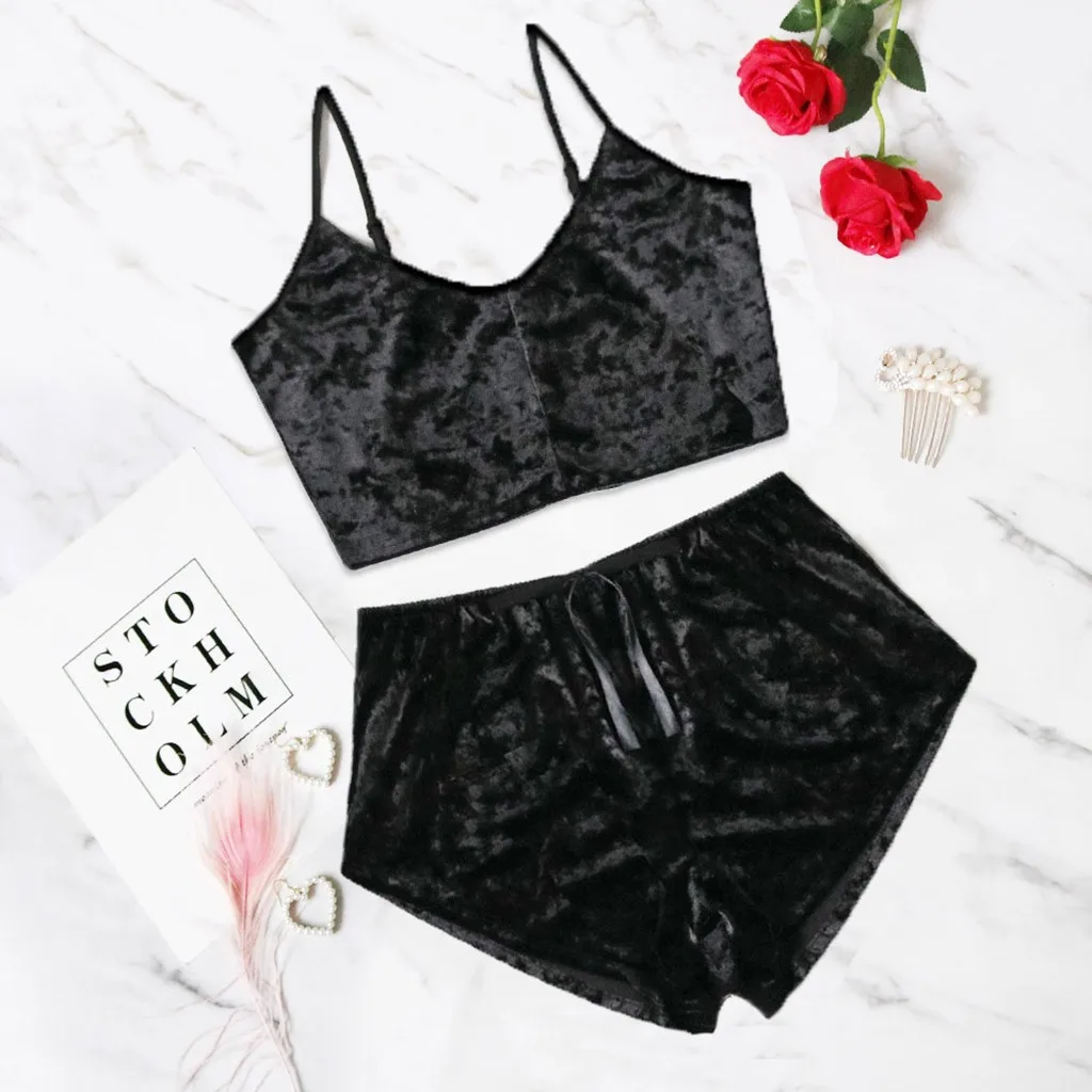 Новый пижамный комплект бархатный женский сексуальный костюм с шортами и бантом