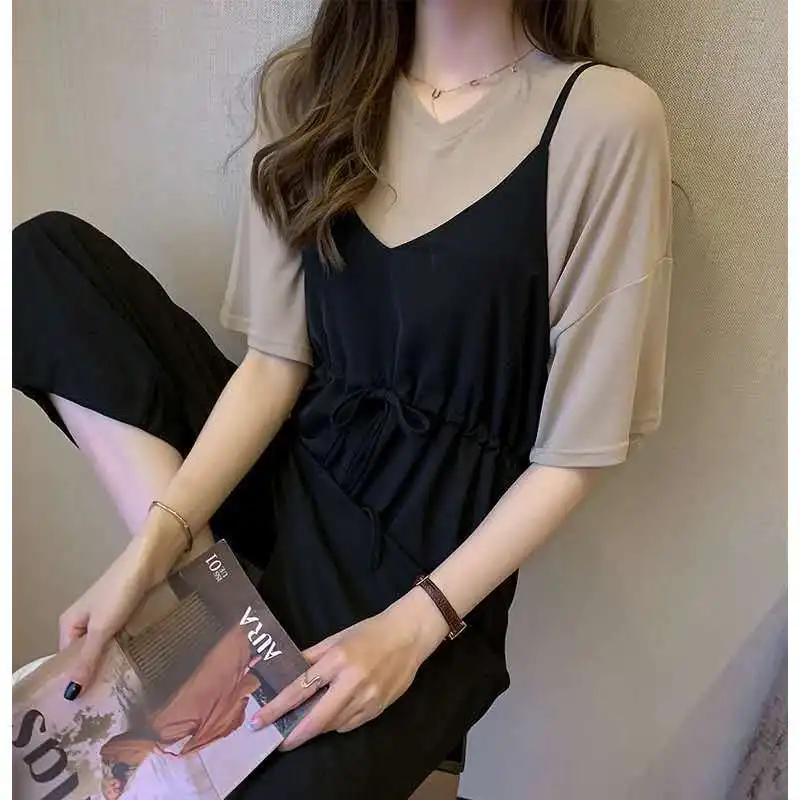 Женский хлопковый костюм с коротким рукавом свободная футболка V образным