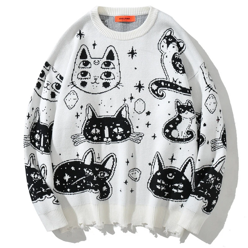 

Women Harajuku Ripped Sweater Pullover Men Vintage Cats Knit Sweaters 2021Winter Unisex Hiphop Retro Oversize Couple Knitwear