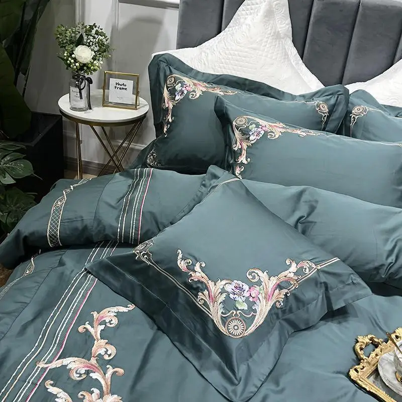 

4Pieces Shabby Chic Embroidery Bedding Green Pink Egyptian Cotton Duvet cover Bed sheet set Pillow sham Queen King size Bed set