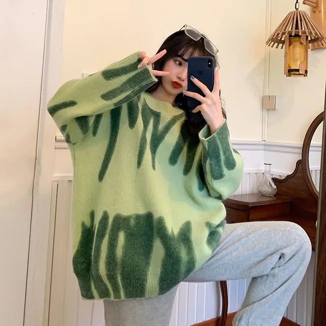 

Oversized Sweater Green Pullover Women Knitted Sweater Loose Tops Winter O-Neck Harajuku Sueter Mujer pull Tie Dye Outerwear