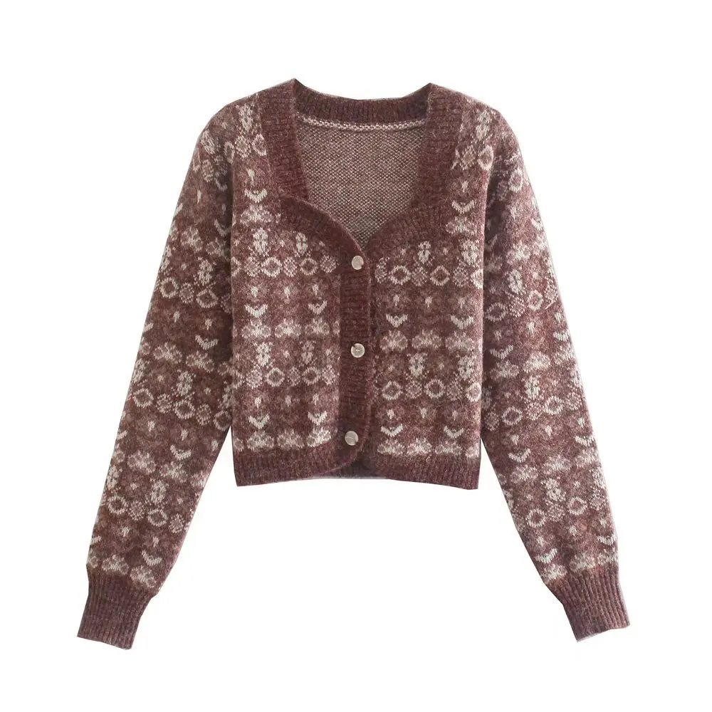 

2021 Autumn Winter Women Flowers Crop Knitted Cardigan Sweater Jumper Button-up Female Tops