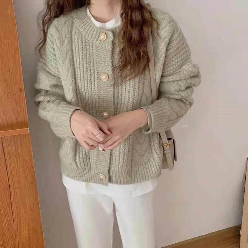 

Elegant Twist Knit Women Sweater Autumn Pearl Single-Breasted Cardigan Woman Fashion O-Neck Temperament Long-Sleeved Coat Ladies