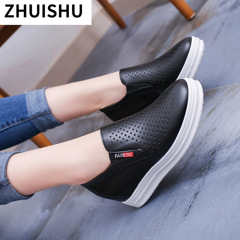 

2021 New Women's Casual Flats Women Height Increasing Breathable Cut Out Leather Shoes Fashion Women Wedges Summer Sneakers
