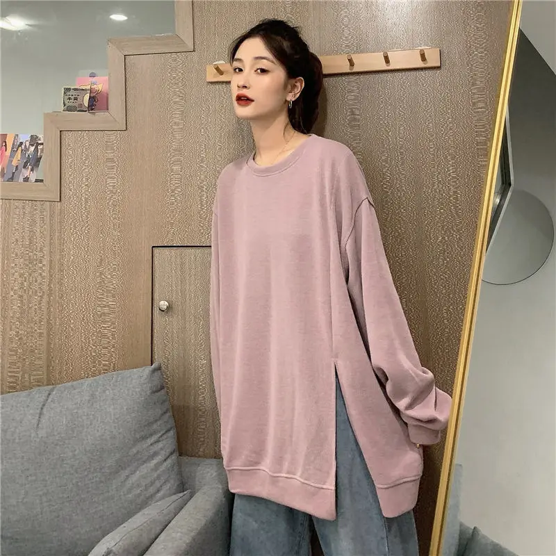 

Pullover Women Tide ins New Korean Loose Solid Coat Split Hem All-match Long-sleeved Top Sweatshirt