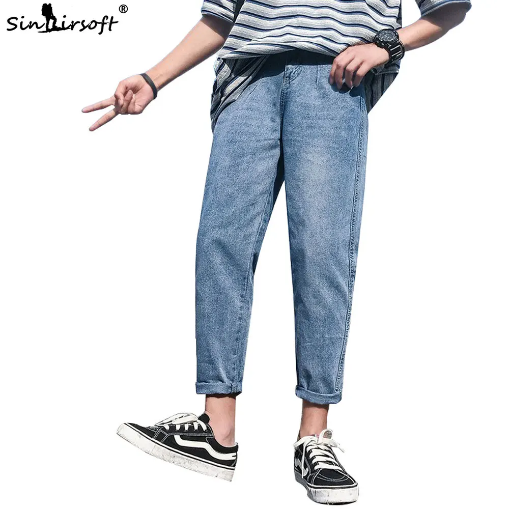 Мужские повседневные узкие брюки из чистого синего денима обтягивающие джинсы