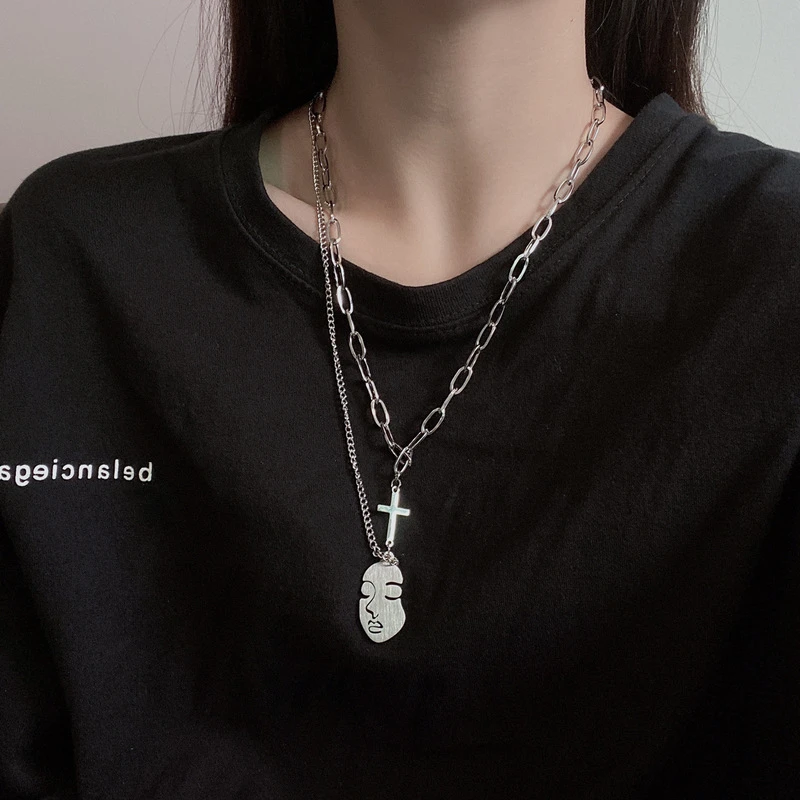 

POTCET Unisex Stainless Steel Double Layer Beauty Face Cross Titanium Steel Necklace Pendant Fashion Hip Hop Party Jewelry