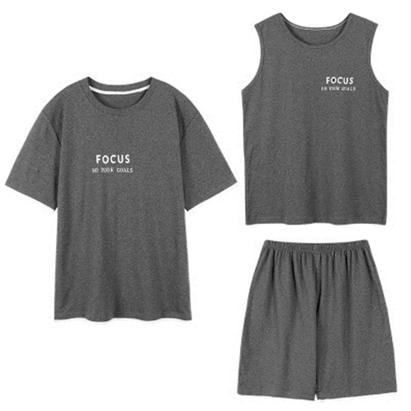 

Pajamas Set Men 100% Cotton Vest Shirt Shorts 3 piece/Set Sport Pyjama Big Size 2020 Fashion Man Solid Color PJS