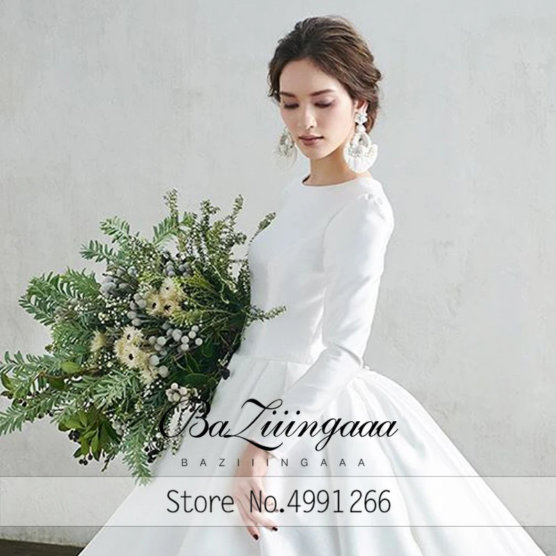 

OllyMurs Muslim bride pure white wedding dresss Back zipper design Satin long sleeve O-neck Plus size wedding dress Custom