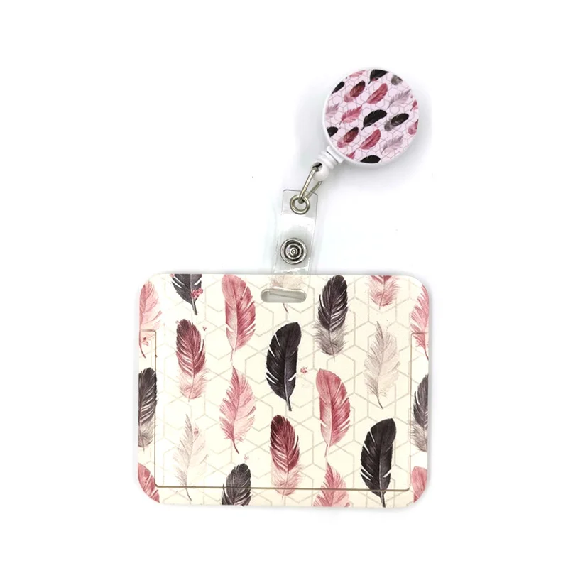 

Black Pink Leaves Feathers Card Holder Women Men Business Lanyard Badge Card Case Women Card Cover Student Lanyard Card Bags