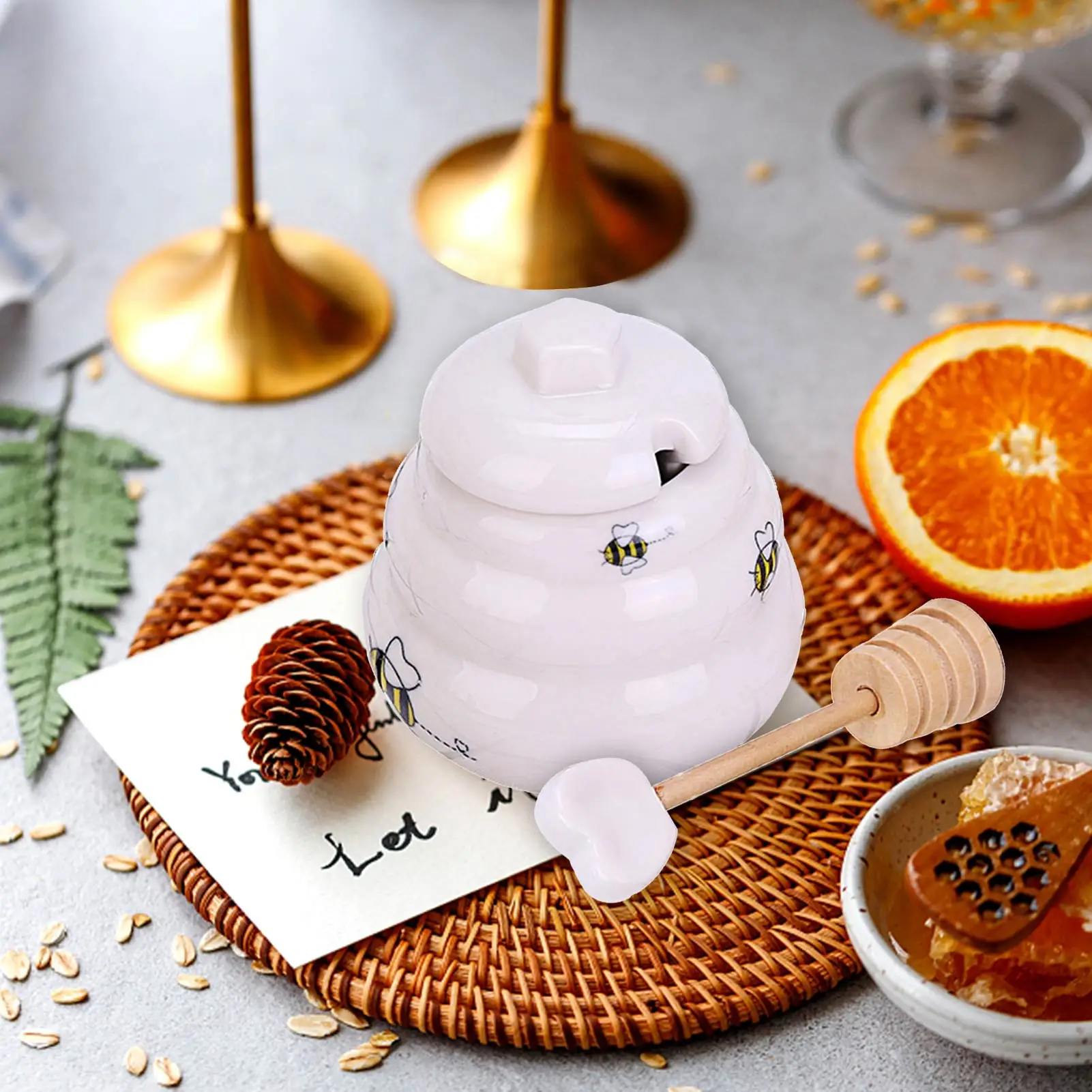 

Mini Ceramic Honey Jar Pot With Dipper Giftable Beehive Honey Holder Honey Sugar Storage Tank Coffee Accessory Kitchen Tool