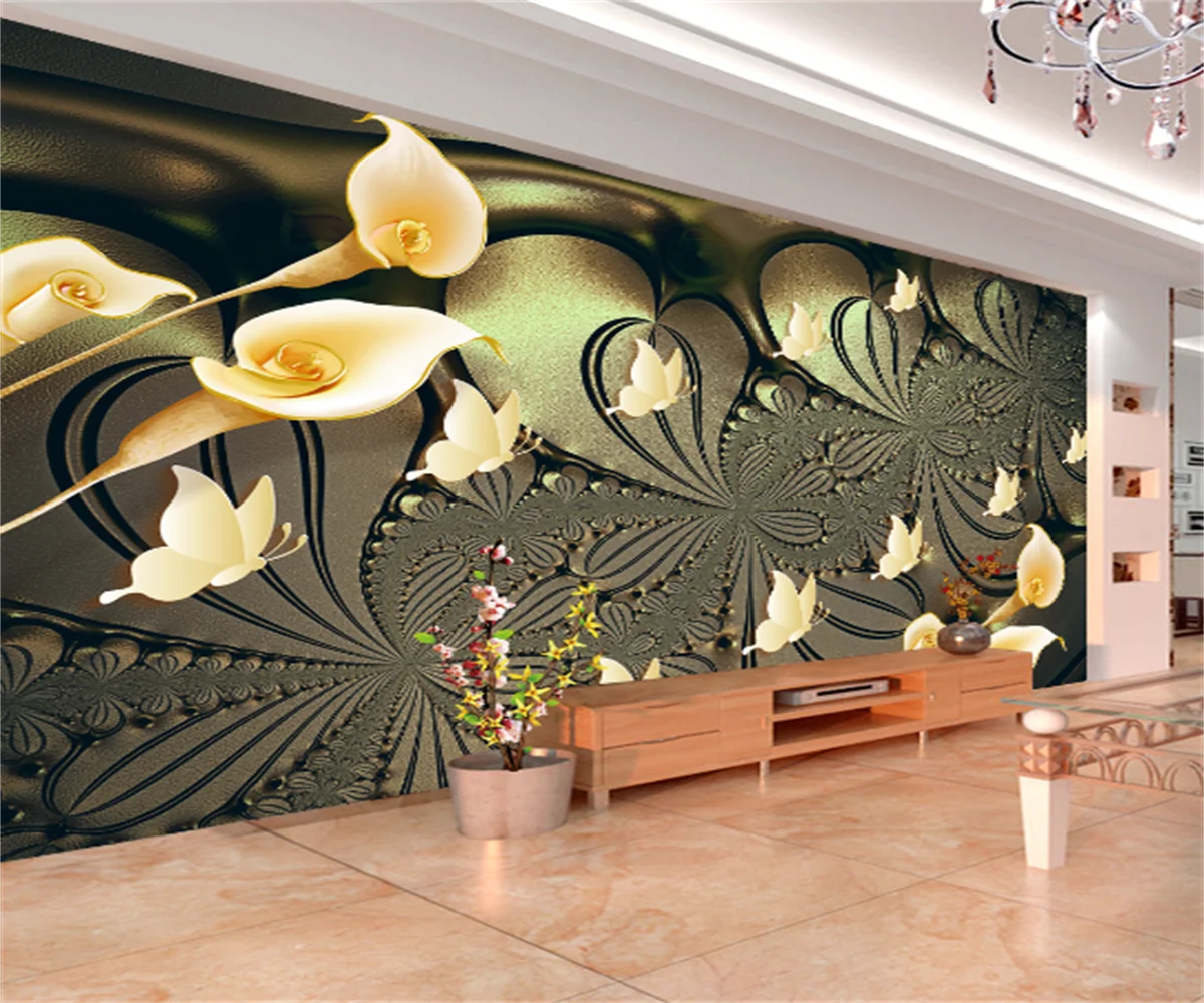 

Customize any size 3D wallpaper mural European-style indoor noble golden light lily butterfly background wall painting papel