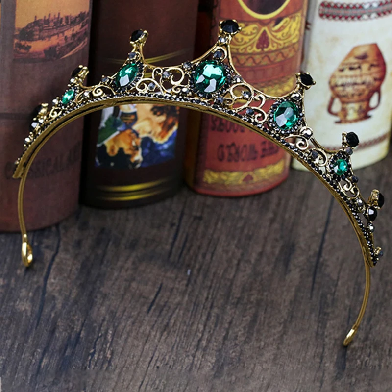 Baroque Crown Hair Hoop Big Green Rhinestone Bridal Tiaras Retro Alloy Accessories for Bride Women FS99 |