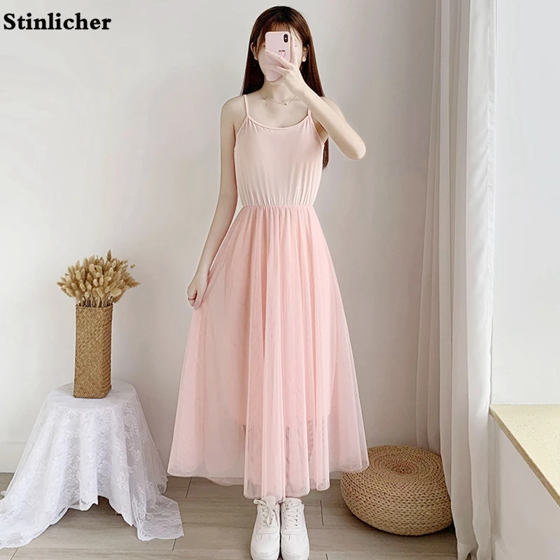 

Women spaghetti strap dress casual loose A-line mesh dress ladies summer all-match black pink long party dress