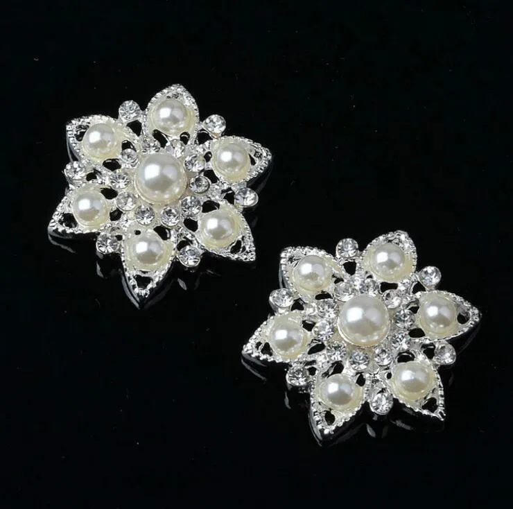 

10Pcs/Lot Silver Alloy Pearl Rhinestone Flower Embellishment Button Hair Decoration Accessories Diy Crafts