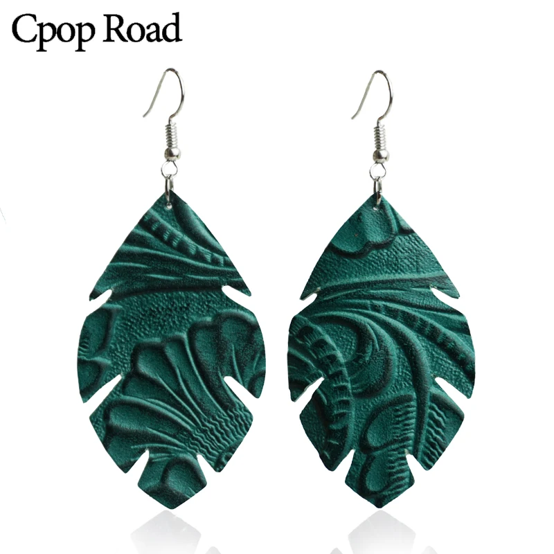 

Cpop Vintage Printing Leaf Real Leather Earrings for Women Elegant Pendant Statement Dangle Earrings Jewelry Leather Accessories
