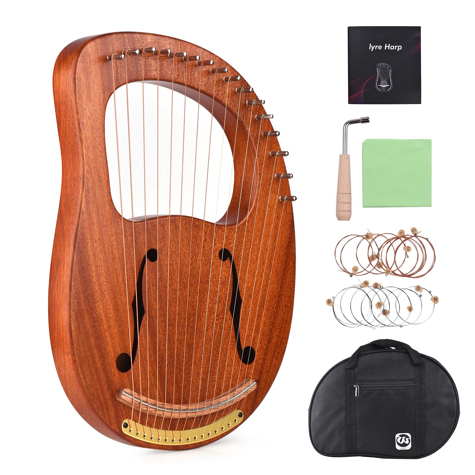 WH-16 16-String Wooden Lyre Harp Metal Strings Solid Wood String with Carry Bag Tuning Wrench Clean Spare String Cloth MusicBook
