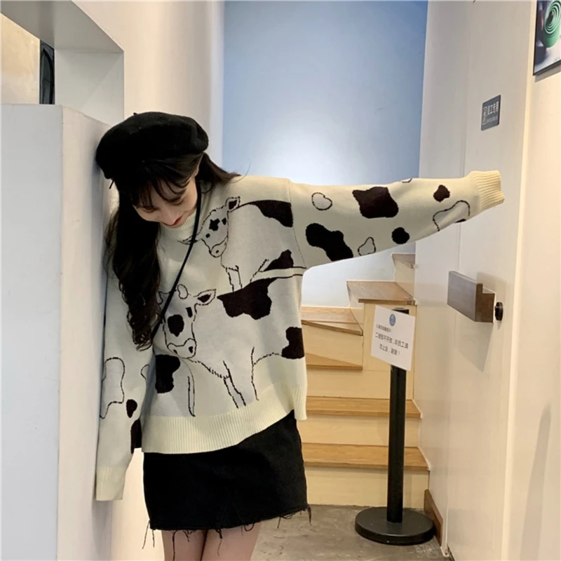 

Women Dairy Cow Print Sweater Long Sleeve O-Neck Harajuku Loose Knit Jumper Top