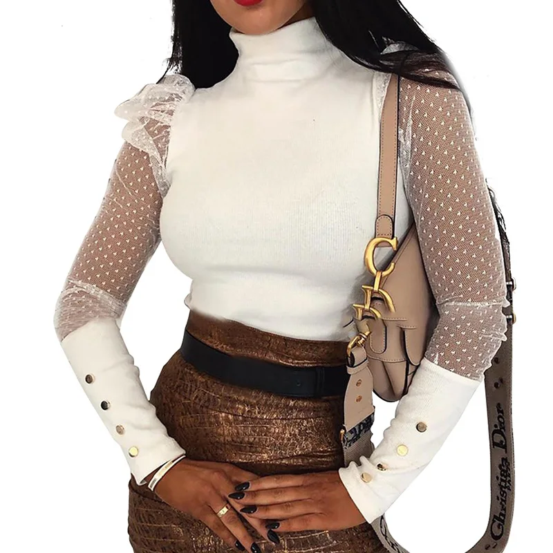 

Women Polka Dot Mesh Sheer Button Long Sleeve Tops High Neck Blouse Casual Female Pullover Slim Fit Top