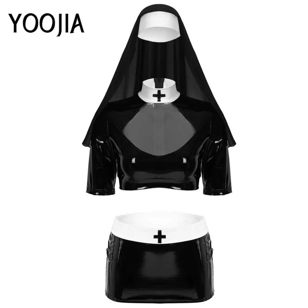 

Women Adults Nun Cosplay Costume Halloween Roleplay Outfit Clubwear Half Sleeves Crop Top with Mini Bodycon Skirt and Headpiece