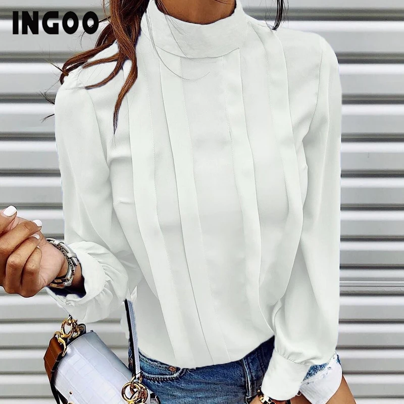 Блузка женская плиссированная с длинным рукавом-фонариком и высоким воротником |