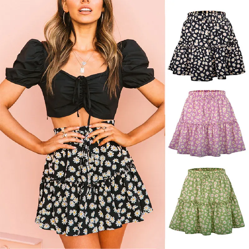 

Short Sexy Daisy Skirts Women Boho Floral Print Mini Waist Belted Flared Womens Summer Casual Frilled Pleated Skirt 2020 Hot