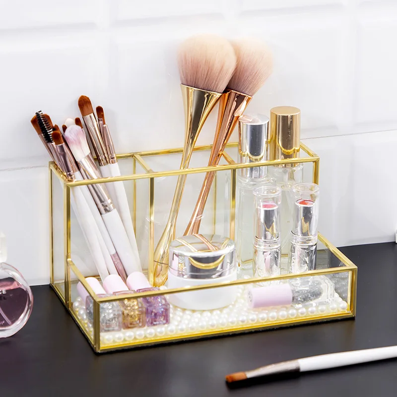 Creative Golden Makeup Organizer Desktop Cosmetic Storage Box Lipstick Makeup Brush Holder Perfume Organizer Jewelry Box