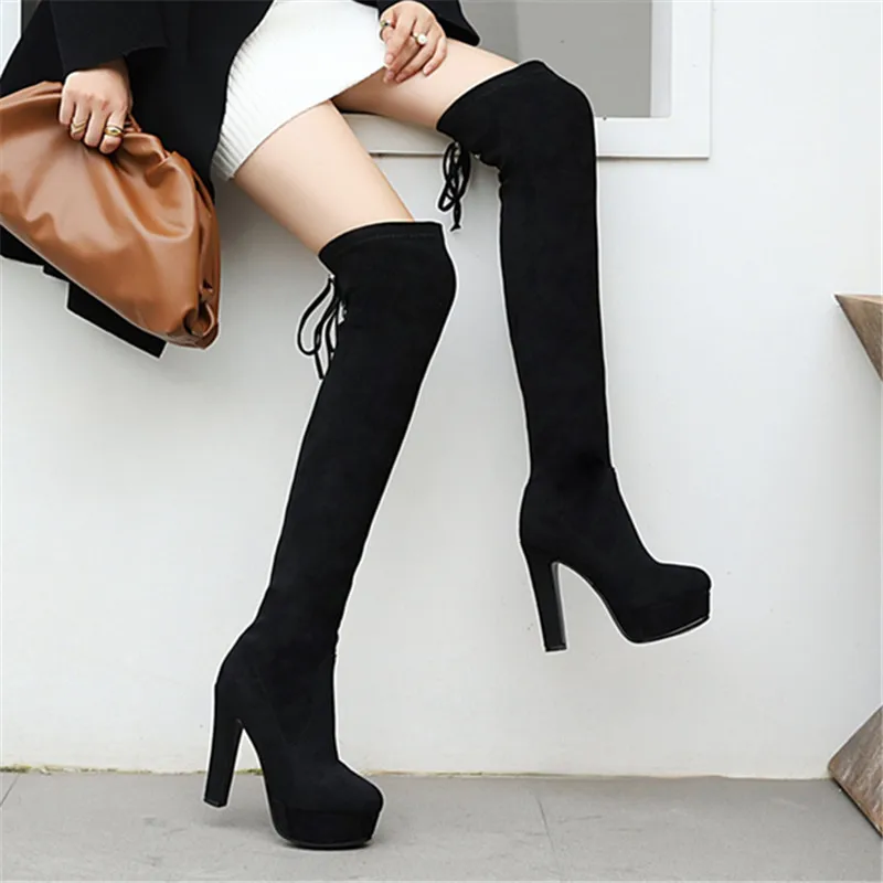 

2021 Fashion Women Boots Autumn Winter Over The Knee Heels Quality Suede Long Comfort Square Botines Mujer Thigh High Boots