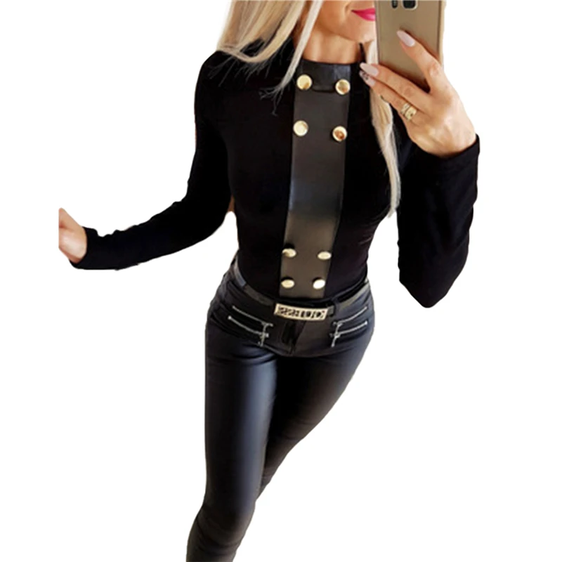 Женская приталенная блузка с длинными рукавами круглым вырезом и пуговицами