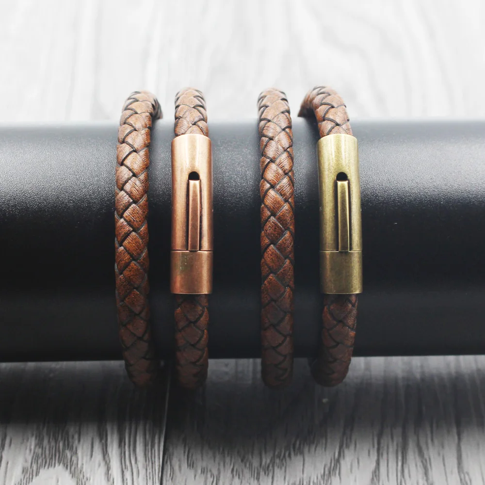 FIREBROS Ancient/Red Bronze Stainless Steel Magnetic Clasp Vintage Brown Multilayer Braided Genuine Leather Bracelet Men Jewelry | Украшения