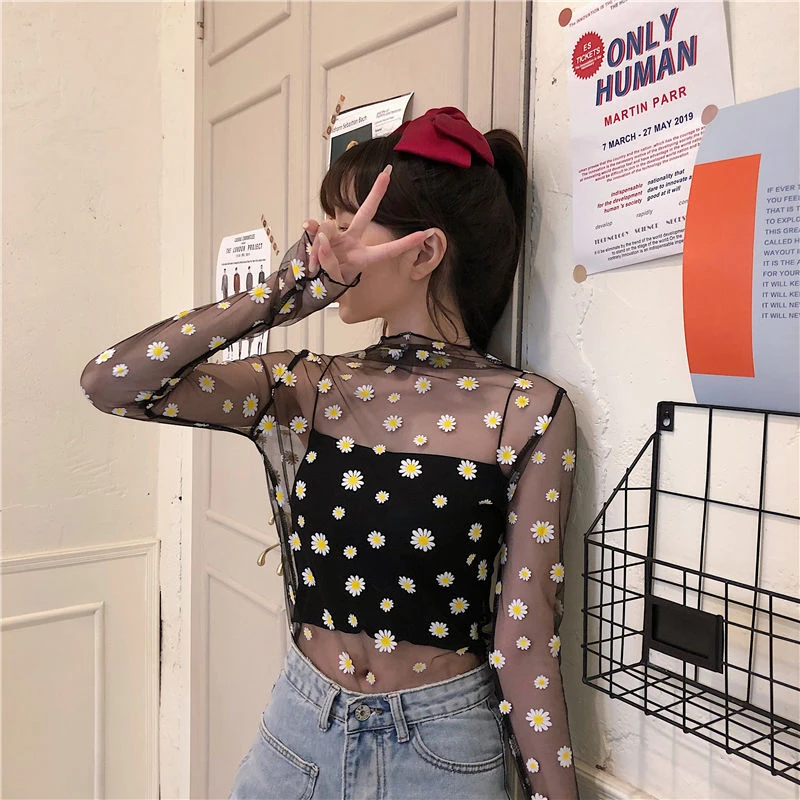 Женская сетчатая блузка с цветочным принтом прозрачная рубашка в сеточку лето