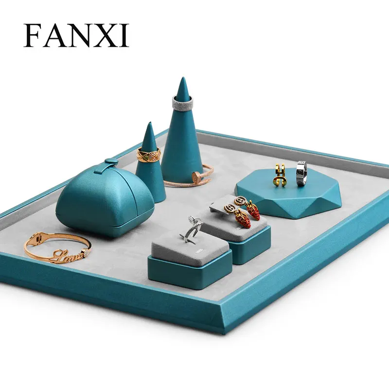 

Oirlv Jewelry Display Stand Set PU Leather Ring Necklace Organizer Rack Blue Bracelet Jewelry Display Holder Jewelry Tray Plate