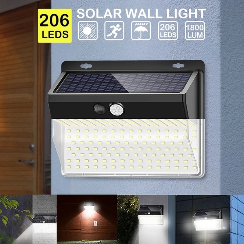 

206 LED Outdoor Solar Light Solar Lamp PIR Motion Sensor Wall Light Waterproof IP65 Solar Powered Sunlight for Garden Decoration