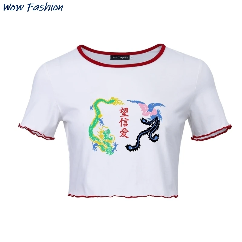 

Women Gothic Style White Printed Red Striped O Neck Slim Streetwear Girls Cropped Top Summer Short T-shirt Crop Top