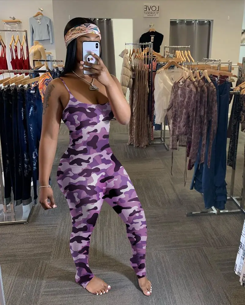 

Sexy Camouflage Ruched Jumpsuit Women New Summer Clother One Piece Body Outfits Spaghetti Strap Bodycon Rompers Overalls