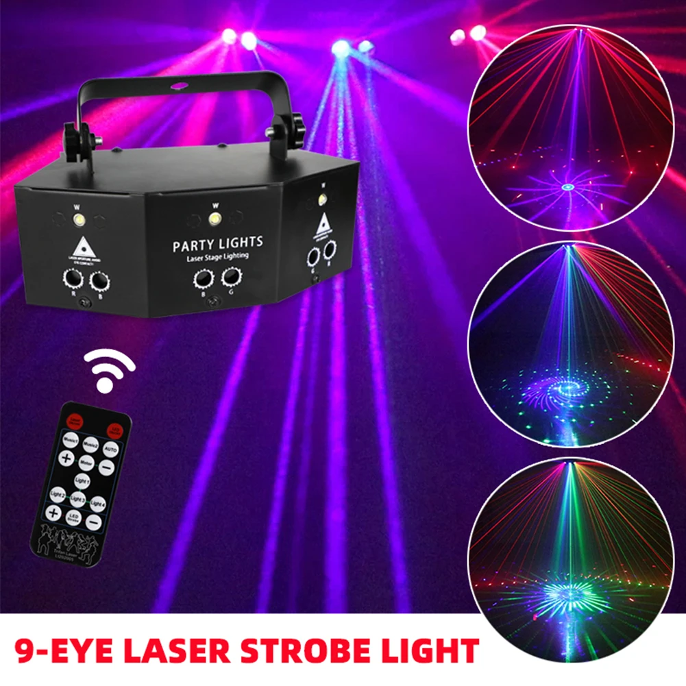 

9 Eyes DMX Disco Strobe Laser Light LED RGB Rechargeable Voice Activated Light Projector Stage Birthday Wedding Bardance Lights