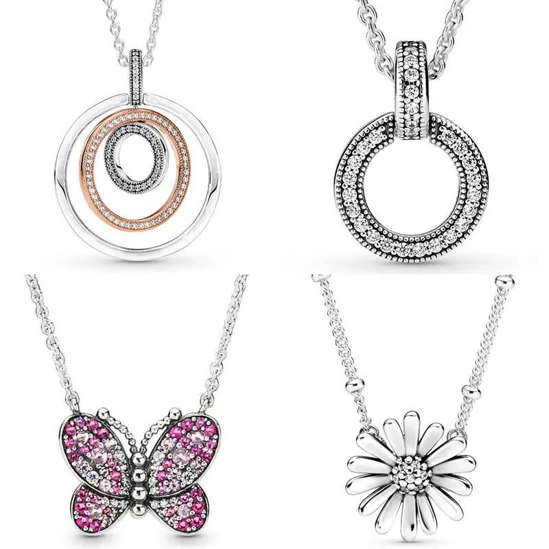 Женское двухцветное колье из серебра 925 пробы с блестящей розовой бабочкой |
