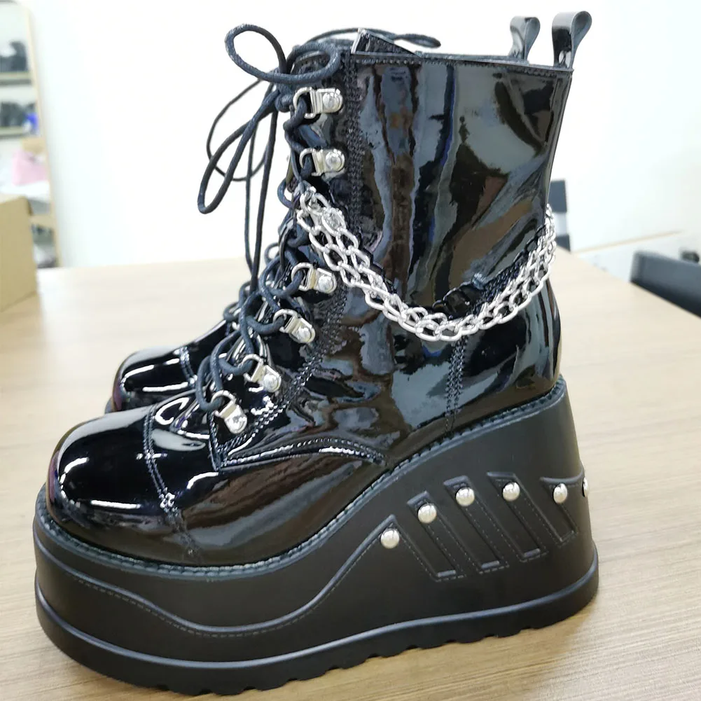 trendy ins hot sale brand punk goth round toe platform wedges womens boots lace up chain 2021 casual luxury womens shoes free global shipping