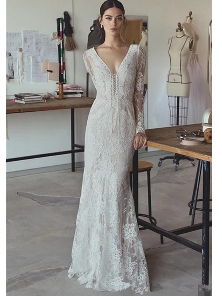 

Vintage Design Long Sleeve Wedding Dresses Deep V Neck Appliques Lace Floor Length Mermaid Tie up Back Bridal Gowns Customize
