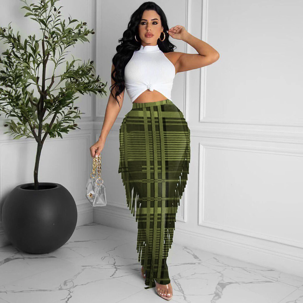 

Office Lady Brushed Fabric Bandage Party Skirt Women High Waist Plaid Side Tassel Maxi Skirts Vintage Female Fitness Club Outfit