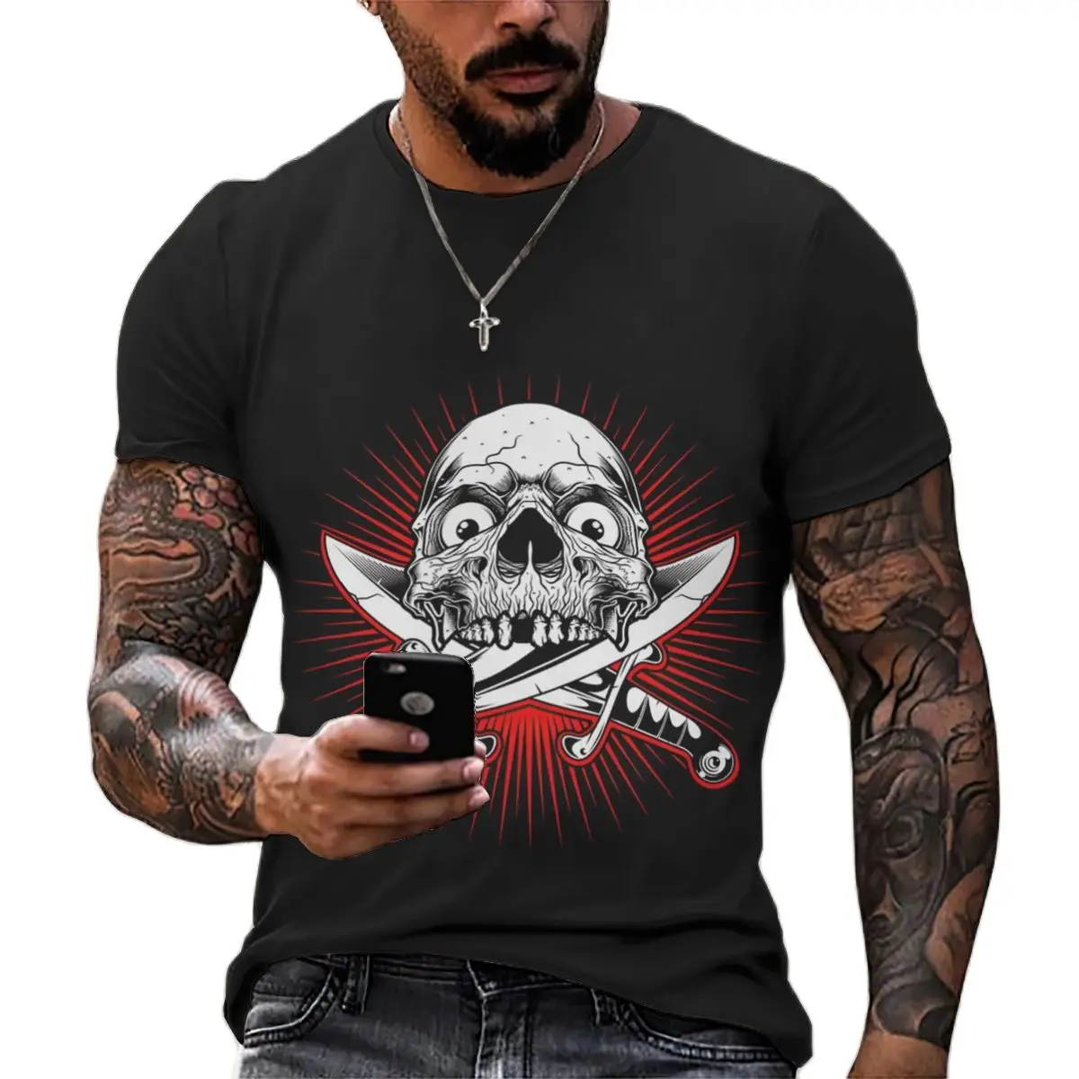 

Summer Fashion 3D Printing Horror Double Knife Pirate Skull Men's T-Shirts Skeleton Pattern Street Trend Hip-Hop Loose Oversized