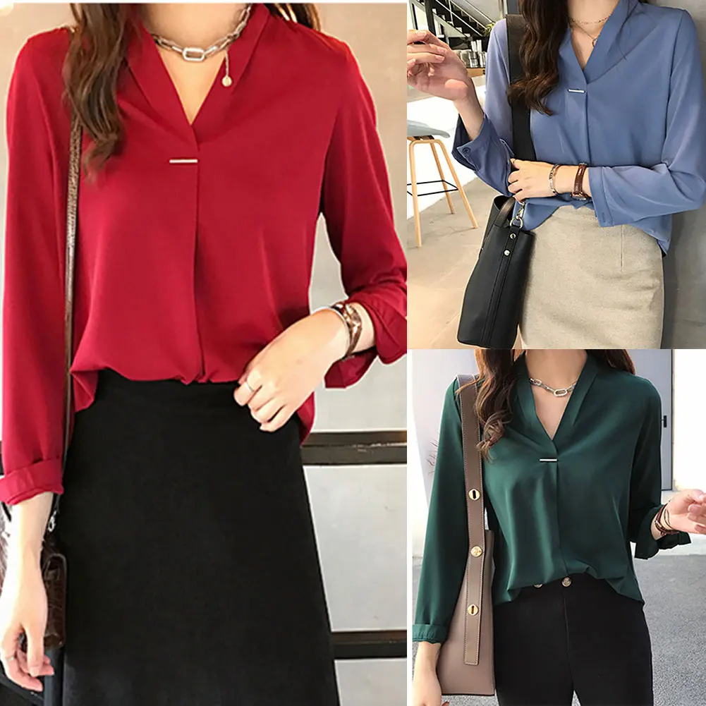 New Fashion Autumn Blouses Women Casual V Neck Shirts Long Sleeves Chiffon Tops Ladies Work Office Shirt 2020 | Женская одежда