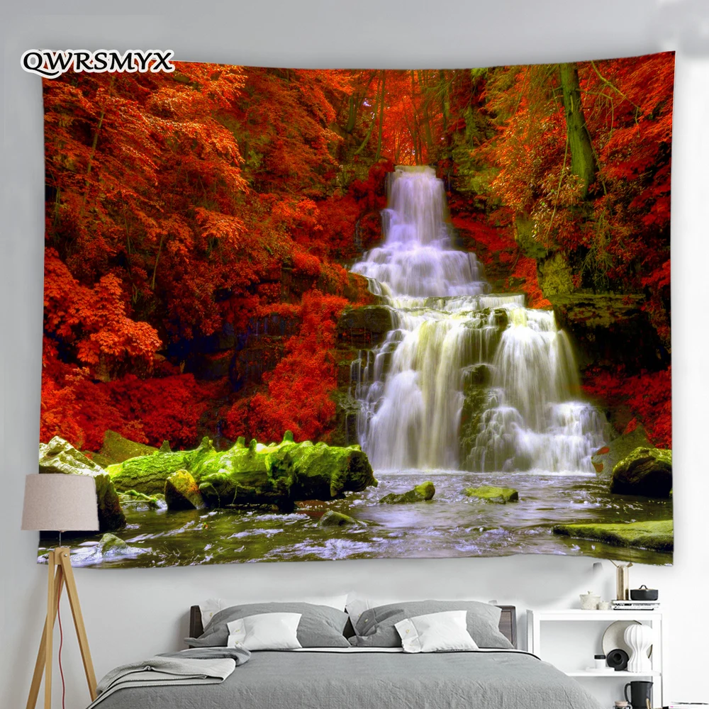

3D Fantasy Red Green Forest Waterfall Scenery Tapestry Wall Hangings Landscape Decoration For Bedroom Room Decor Aesthetic Wall