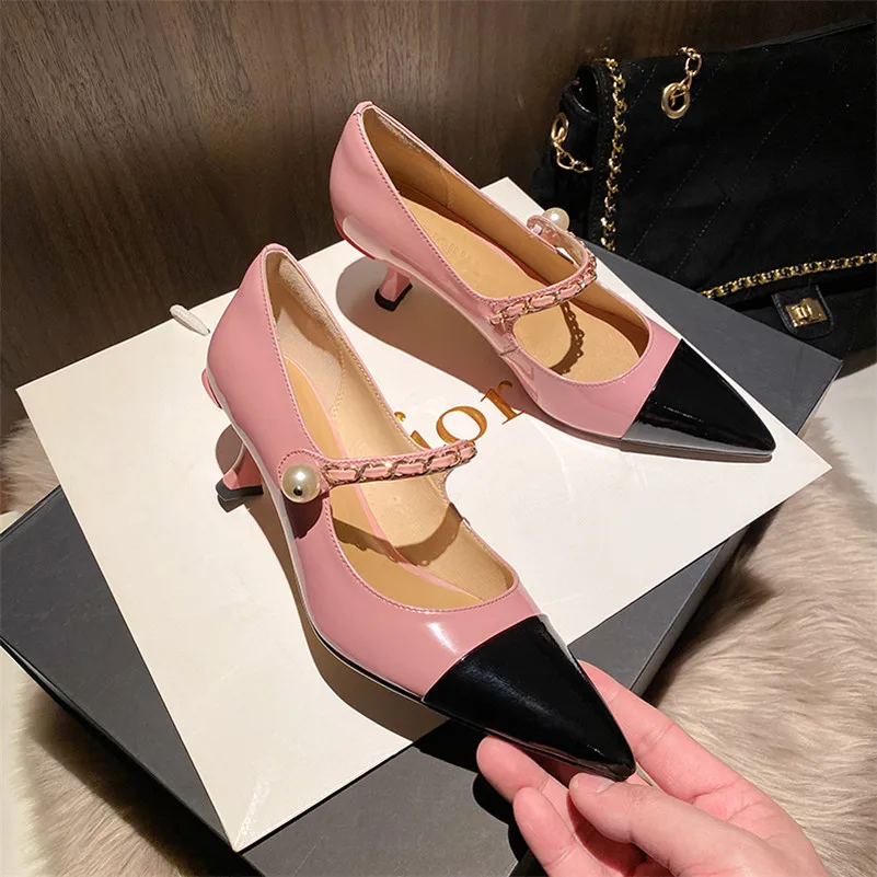 

Meotina Stiletto Heels Mary Janes Shoes Cow Leather High Heel Pumps Pearl Pointed Toe Elegant Shoes Chain Lady Footwear 2021 New