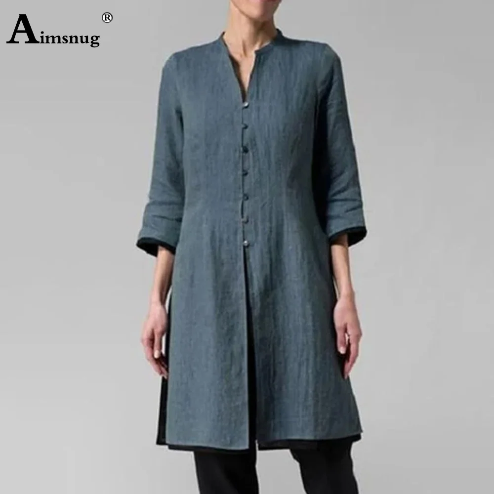 Aimsnug 2020 осенние женские элегантные однобортные Длинные Блузки льняные богемные