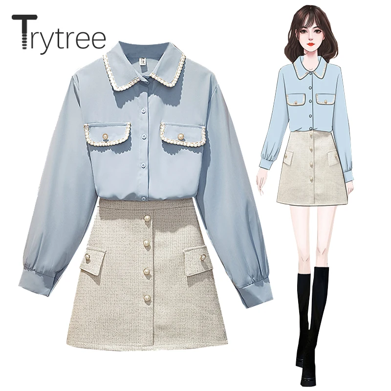 

Trytree 2021 Spring Two piece Women set Casual Pockets Single Breasted Shirt + Plaid A-line Mini Skirt Office Lady 2 Piece Suit