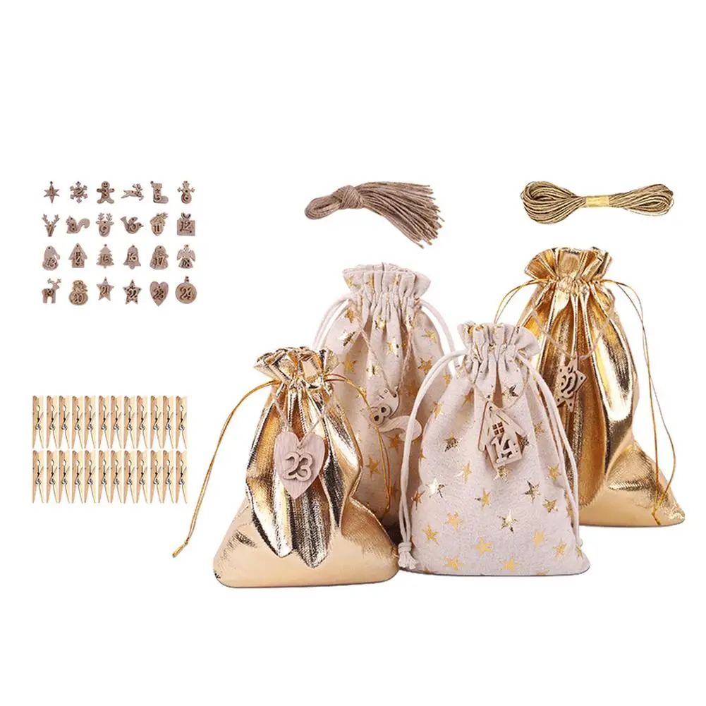 

Набор рождественских сумок с календарем, креативное украшение с горячим тиснением, звезда, Подарочный мешок для конфет с зажимами и веревко...