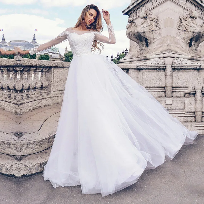

Женское кружевное свадебное платье, Прозрачное платье с круглым вырезом, длинными рукавами и аппликацией, фатиновая юбка на пуговицах сзад...