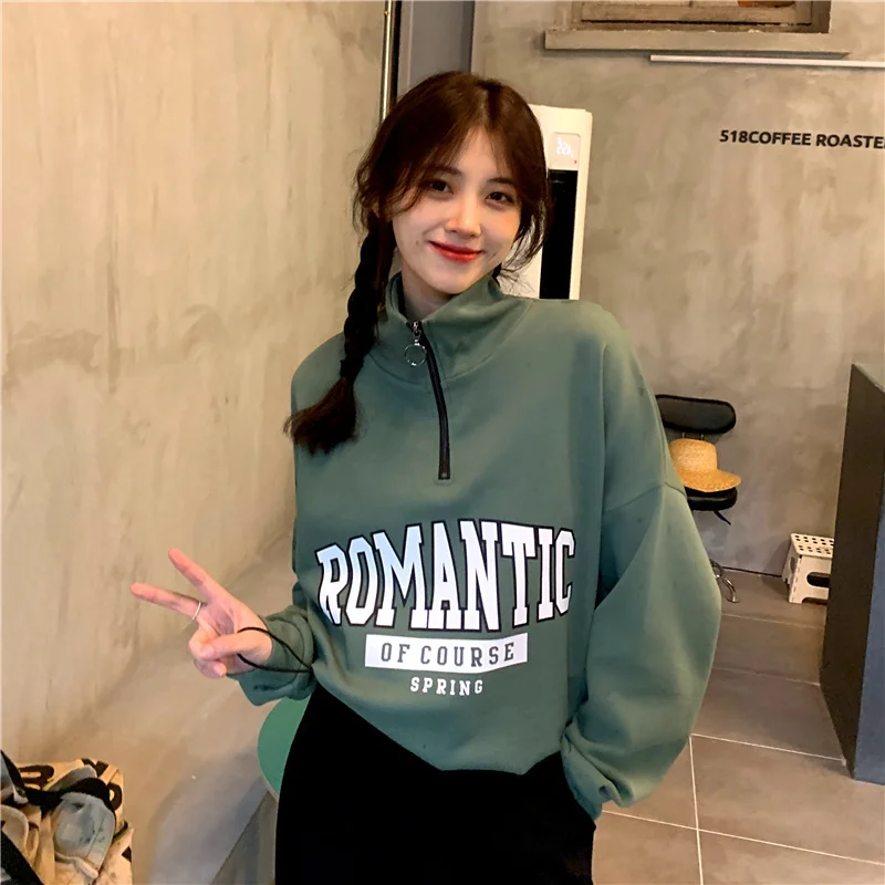 

Осенняя одежда из хлопка с натуральным жемчугом, свитер на молнии с воротником-стойкой для женщин